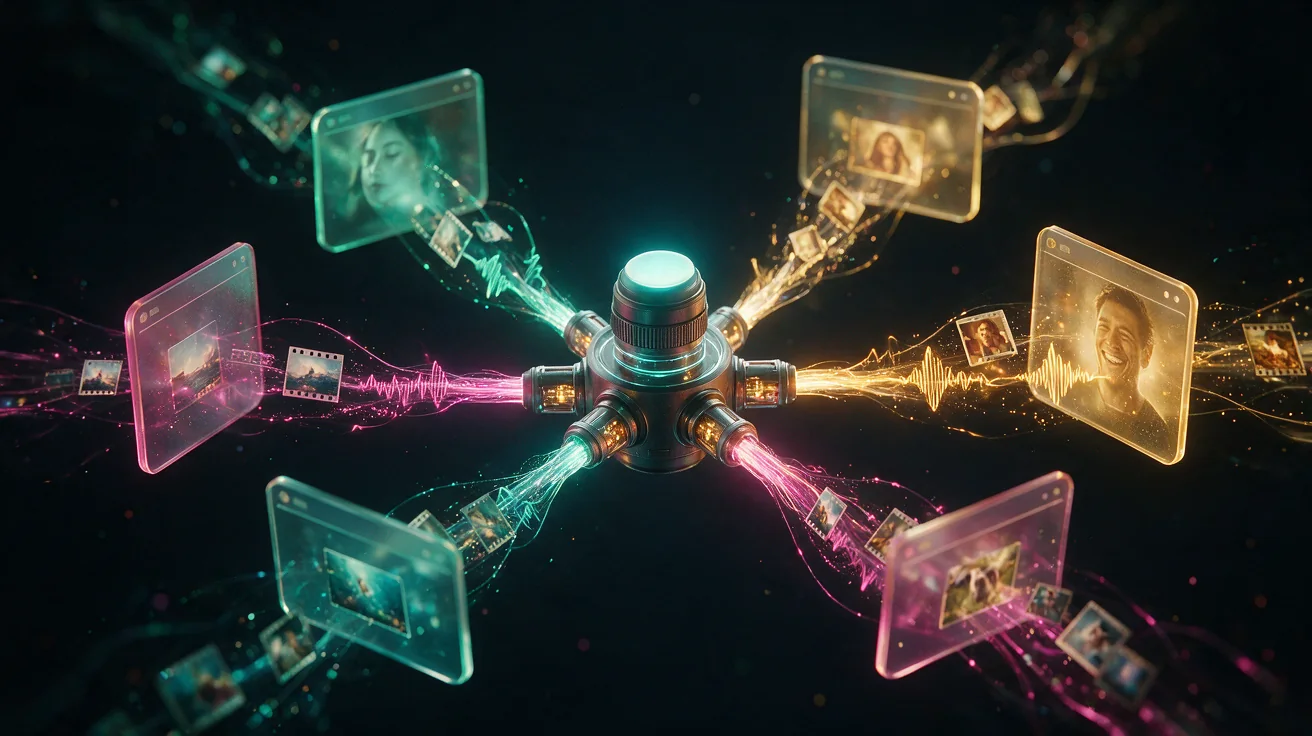 A glowing universal connector linking floating chat windows, with images, film frames and sound waves flowing through the cables