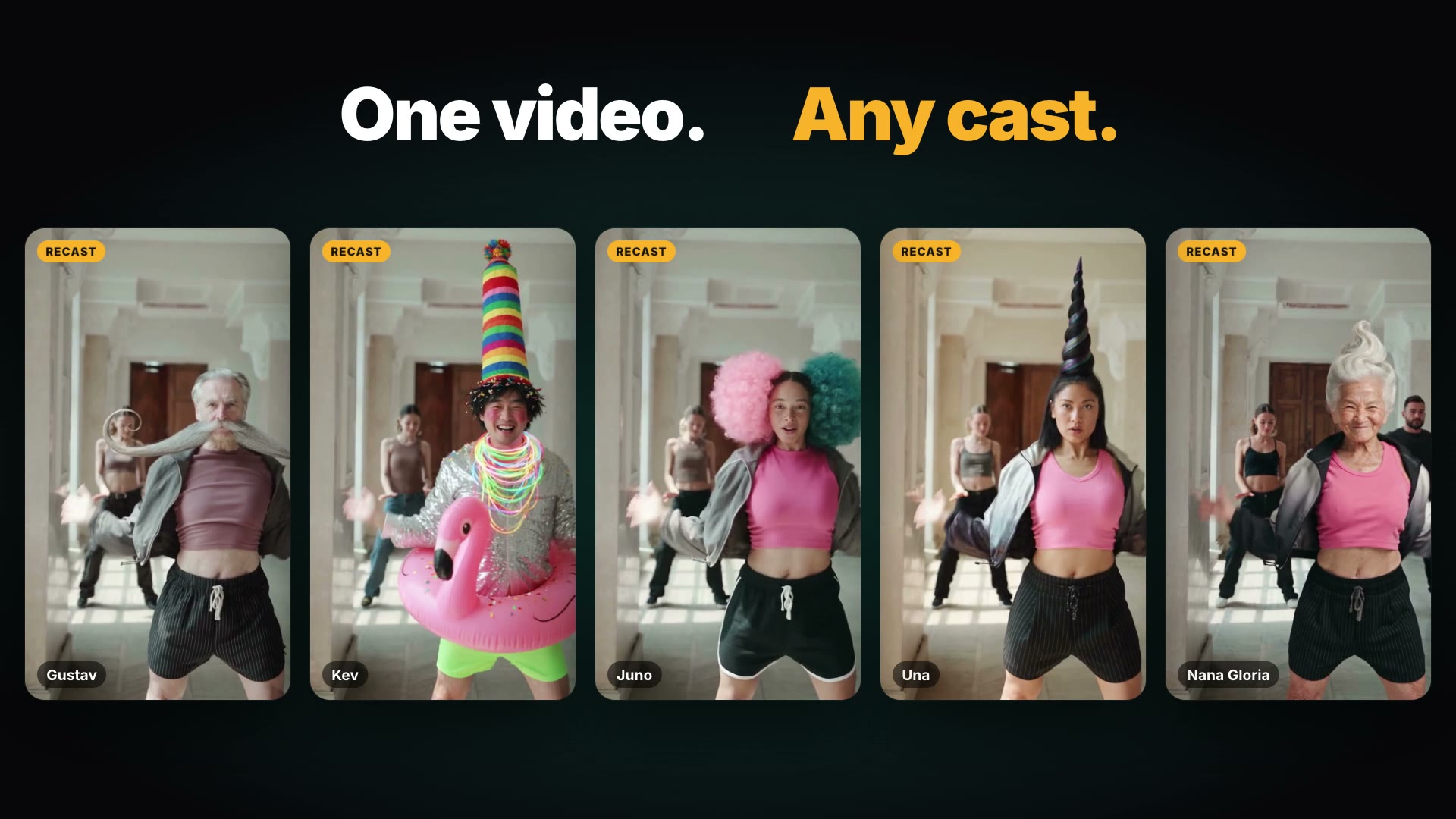 The Recast launch film: viral clips recast with BudgetPixel AI influencers, cut to our own song
