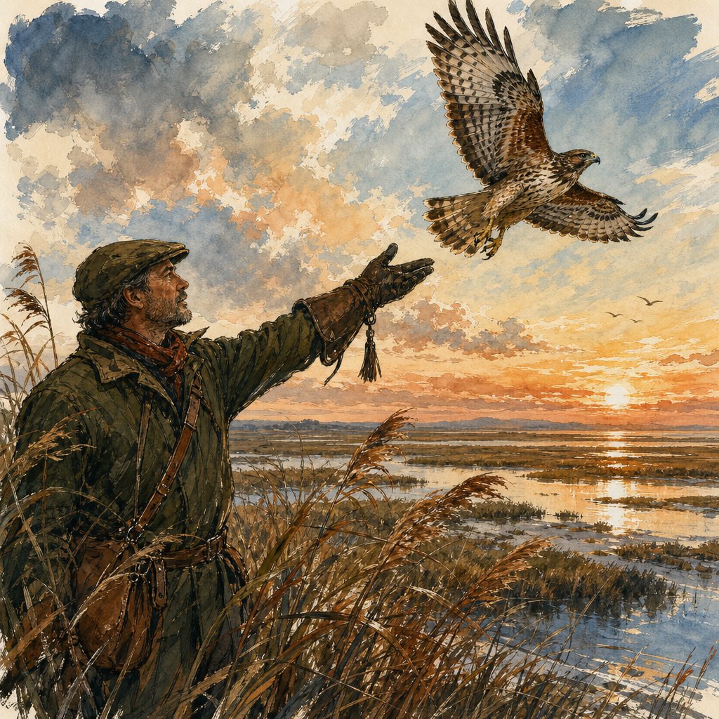 Ink-and-gouache illustration of an adult falconer releasing a hawk above a salt marsh, reeds bending in the wind and tidal pools catching sunset. Palette of rust, moss green, pale gold, and slate blue, with lively brushwork. — GPT Image 2