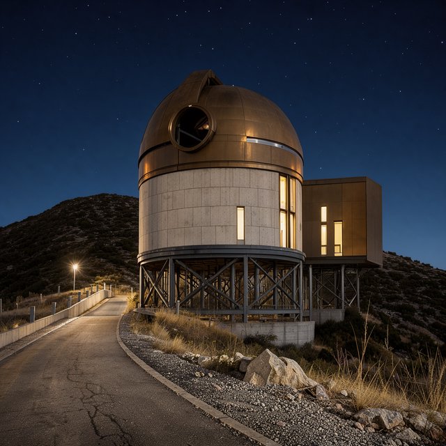 A hilltop observatory in spare contemporary architecture glows against the midnight sky, its pale concrete walls, bronze panels, and narrow windows lit from within; viewed from the access road, crisp edges and credible structural supports. — FLUX 3 Image Klein