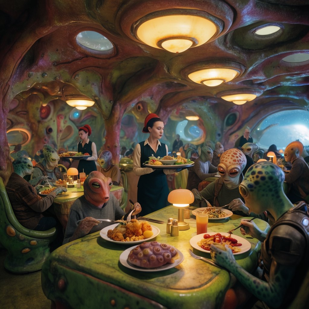 An alien restaurant on a strange planet. The interior is well lit, but the décor is very strange and out of this world. Alien waitresses are bringing in platters of food. Alien diners are eating very unusual dishes. — Krea 2 Large