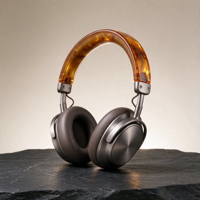 Commercial product photograph of unbranded over-ear headphones crafted from translucent amber resin and brushed titanium, resting on a dark slate surface against a muted cream background, lit by a broad diffused softbox and a delicate rim light. — Seedream 5.0 Flash