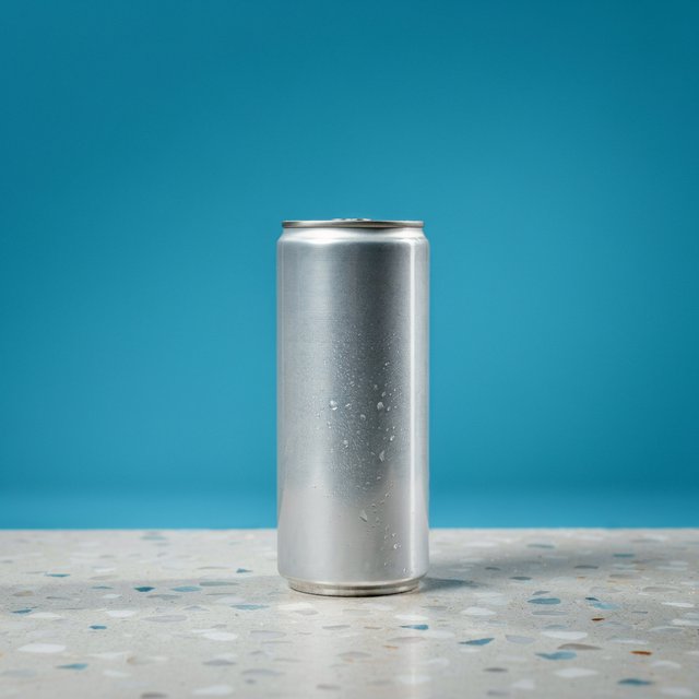 A slim, unbranded sparkling-water can of brushed aluminum, beaded with condensation, stands on a pale terrazzo surface against a seamless electric-blue background; broad overhead diffusion and a crisp side strip create clean highlights, with no lettering or graphics. — Ideogram v4.5