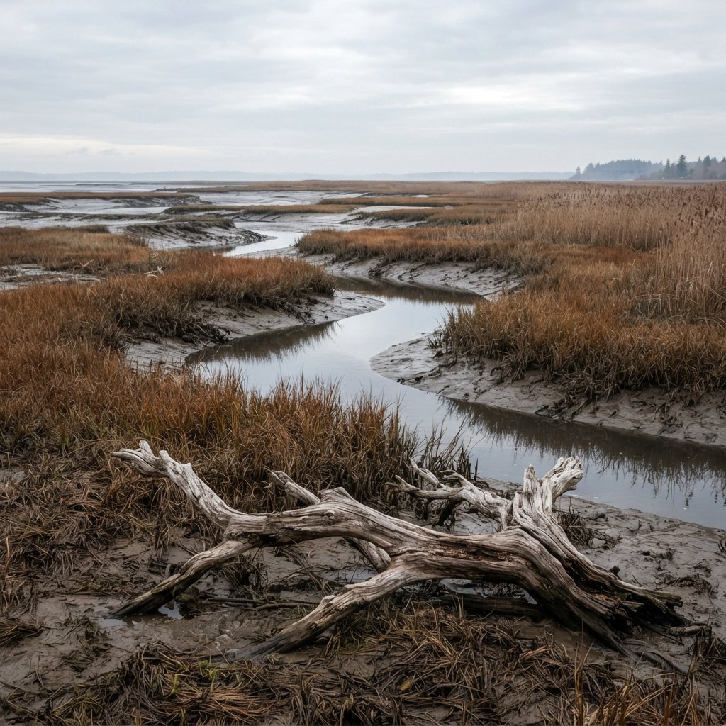 An expansive salt marsh at low tide under a pale overcast afternoon, winding channels reflecting silver sky between russet grasses, a weathered driftwood branch in the foreground, distant reeds and receding mud ridges revealing layered depth and wet natural texture. — Nano Banana 2 Lite