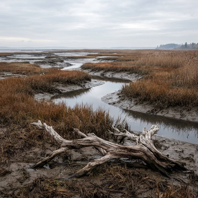 An expansive salt marsh at low tide under a pale overcast afternoon, winding channels reflecting silver sky between russet grasses, a weathered driftwood branch in the foreground, distant reeds and receding mud ridges revealing layered depth and wet natural texture. — Nano Banana 2 Lite
