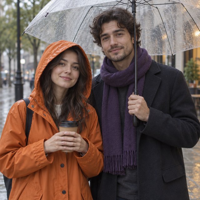 A man with a purple scarf holding a transparent umbrella, standing to the right of a woman in an orange raincoat who holds a paper cup, both facing the camera. — GPT Image 2.5 Sunburst