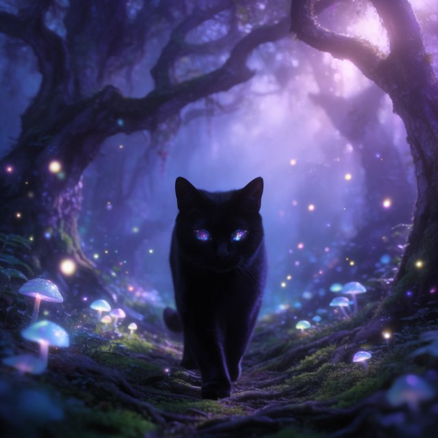 A sleek, obsidian cat with fur that seems to absorb all light, walks with quiet grace through a tranquil, mist-shrouded forest. Its eyes glow with an inner cosmic energy, reflecting distant nebulae. Ethereal fireflies drift around it, illuminating ancient, gnarled trees and glowing mushrooms. The style is deeply atmospheric, emphasizing soft focus and a palette of deep purples and blues. — Krea 2 Large