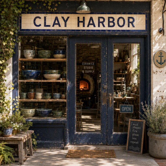 A sunlit ceramicist's studio storefront displays glazed bowls behind dusty glass doors; "CLAY HARBOR" is printed in cobalt-blue block letters across a cream tile transom above the entrance, with kiln warmth glowing inside. — GPT Image 2