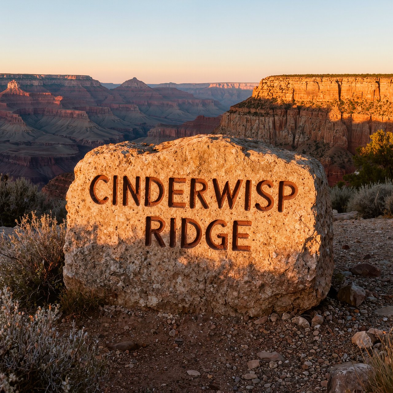 At a high desert canyon overlook, a weathered granite trail marker rises among sage and pale grasses; "CINDERWISP RIDGE" is deeply carved across its broad face, the cut letters catching slanting amber light. — Kling v3