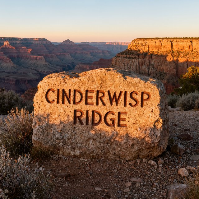 At a high desert canyon overlook, a weathered granite trail marker rises among sage and pale grasses; "CINDERWISP RIDGE" is deeply carved across its broad face, the cut letters catching slanting amber light. — Kling v3