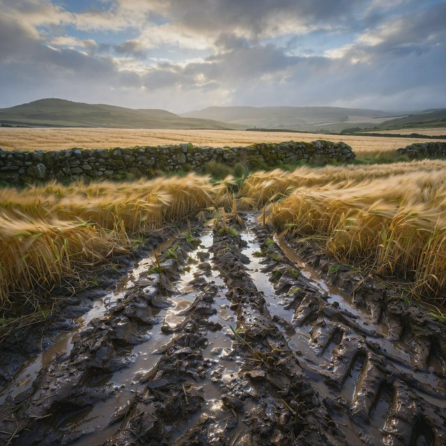 Golden barley fields ripple beneath a vast sky as a cool morning breeze follows overnight showers; muddy tractor furrows glisten in the foreground, guiding the eye past a weathered stone boundary toward low hills under broken clouds. — Model 14