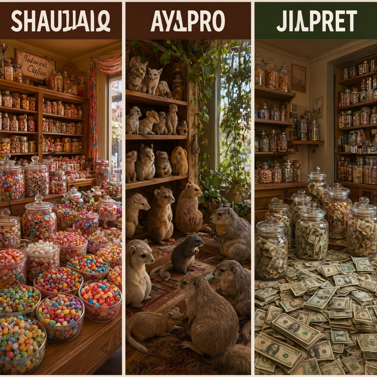 Realistic. Three scenes in one. 1) A room filled with many types of candy. 2) A room filled with many kinds of animals. 3) A room filled with all kinds of money. Above each room, a list names what is inside. — Qwen Image 3.0 Pro