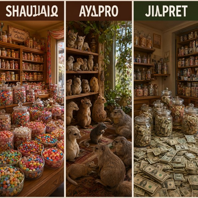 Realistic. Three scenes in one. 1) A room filled with many types of candy. 2) A room filled with many kinds of animals. 3) A room filled with all kinds of money. Above each room, a list names what is inside. — Qwen Image 3.0 Pro