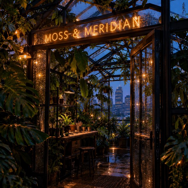 Inside a rooftop greenhouse at blue hour, tropical leaves crowd iron beams above a quiet potting bench; "MOSS & MERIDIAN" glows in warm amber neon along the glass entrance, with rain beads catching the light. — GPT Image 2.5 Flare