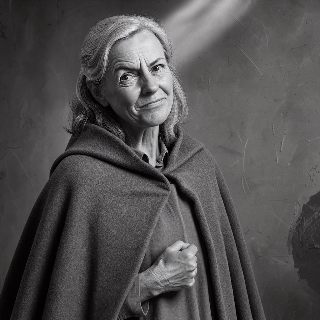 Under a narrow window beam, an adult woman in her late 50s wears a sculpted wool cape over a cotton blouse; her wry expression rests against a charcoal plaster backdrop in a black-and-white portrait, shaped by soft angled light. — FLUX 3 Image Klein