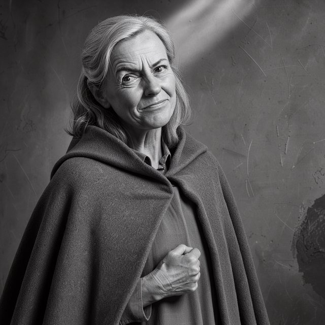Under a narrow window beam, an adult woman in her late 50s wears a sculpted wool cape over a cotton blouse; her wry expression rests against a charcoal plaster backdrop in a black-and-white portrait, shaped by soft angled light. — FLUX 3 Image Klein