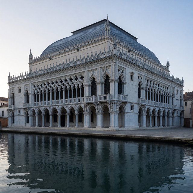 Exterior of a Venetian Gothic opera house beside a quiet canal, pale Istrian limestone, pointed arches, quatrefoil tracery, and a steep slate roof; cool morning light, viewed from across the water, crisp masonry lines and believable structure. — ImagineArt 1.5 Pro