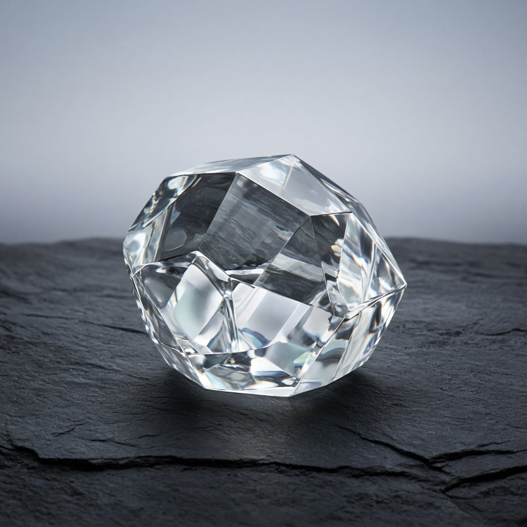 An unbranded, unmarked faceted optical-glass paperweight rests on charcoal slate against a pale blue-gray background; broad diffused studio light and a narrow side highlight reveal crisp internal refractions and bright edge reflections. — Grok Imagine Image 2