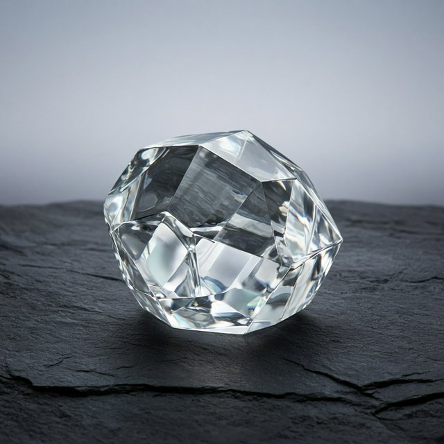 An unbranded, unmarked faceted optical-glass paperweight rests on charcoal slate against a pale blue-gray background; broad diffused studio light and a narrow side highlight reveal crisp internal refractions and bright edge reflections. — Grok Imagine Image 2