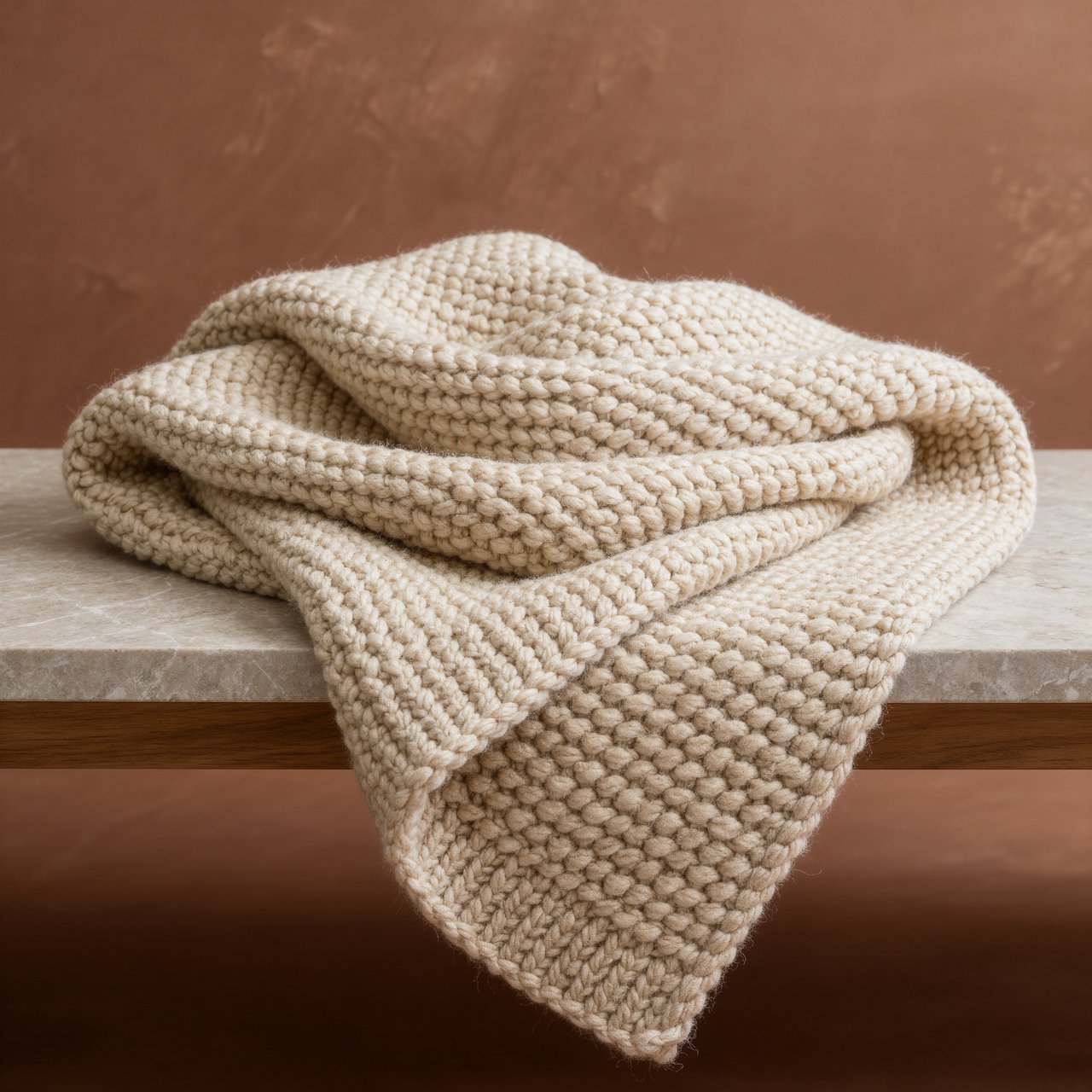 Soft folds of an unbranded chunky-knit wool throw rest on a pale travertine bench; its looped surface catches broad diffused key light and gentle side fill against a muted terracotta studio background, forming a clean commercial product image with no lettering. — Kling v3 Omni