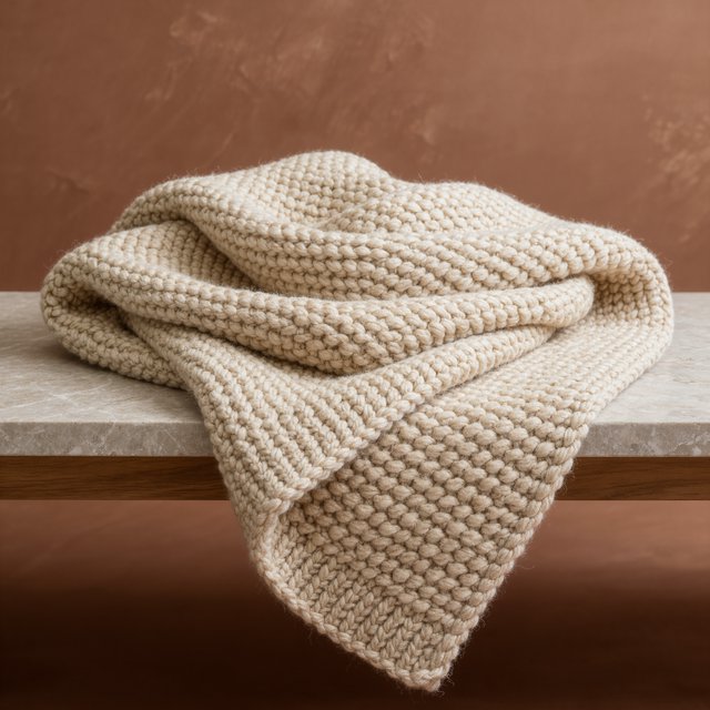 Soft folds of an unbranded chunky-knit wool throw rest on a pale travertine bench; its looped surface catches broad diffused key light and gentle side fill against a muted terracotta studio background, forming a clean commercial product image with no lettering. — Model 10