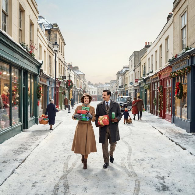 A UK High Street in the 1950s at Christmas time. The roads are covered in snow. The shop windows are decked out for Christmas and the happy adult shoppers are loaded up with gifts for loved ones. The mood is bright and Christmassy. — Model 8