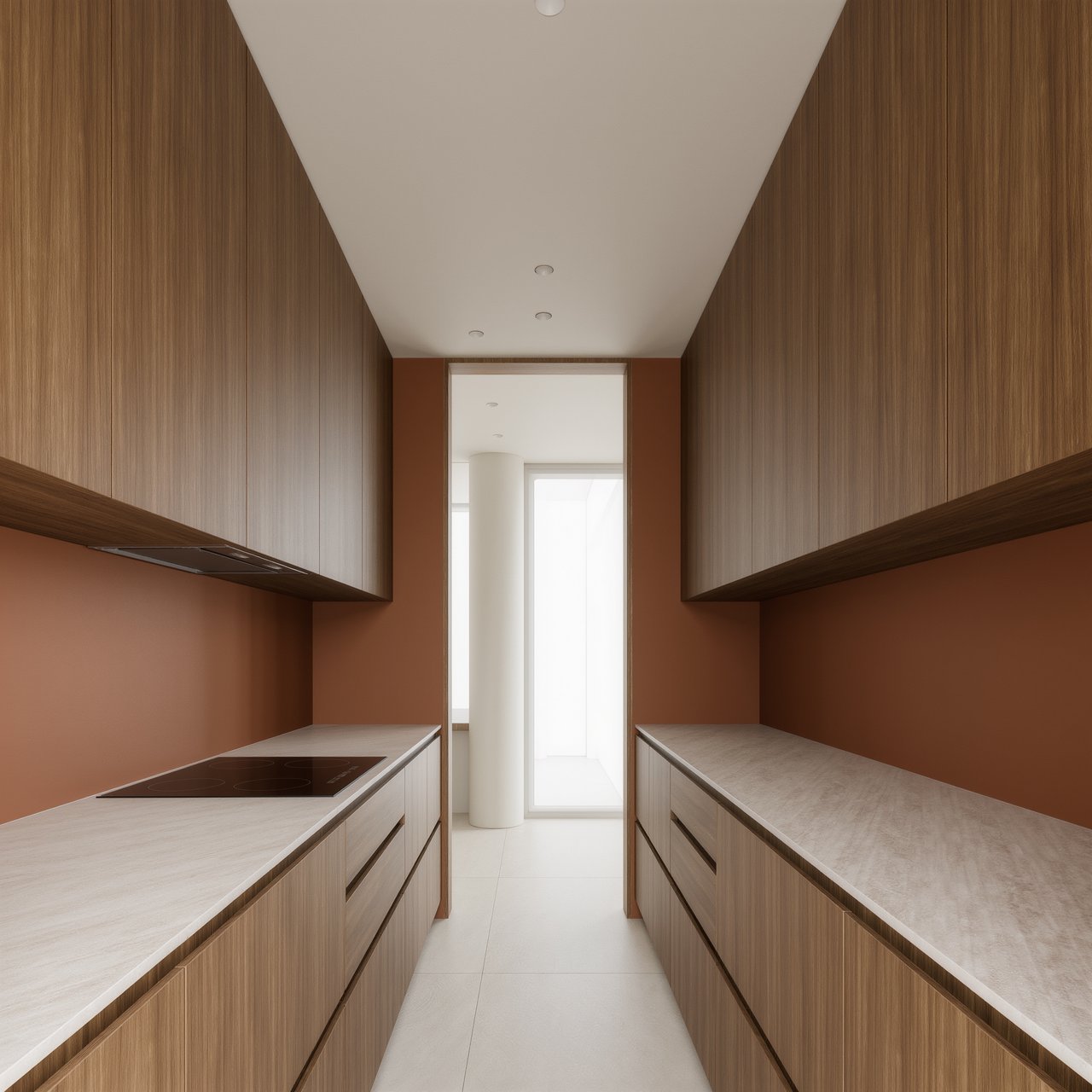 Along a galley kitchen, flat-front walnut cabinets meet pale limestone counters and a matte terracotta backsplash in restrained Scandinavian modern style; soft north-window daylight reveals the worktop from the doorway, with clean aligned lines and believable supports. — Kling v3 Omni