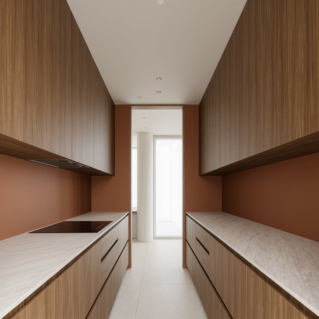 Along a galley kitchen, flat-front walnut cabinets meet pale limestone counters and a matte terracotta backsplash in restrained Scandinavian modern style; soft north-window daylight reveals the worktop from the doorway, with clean aligned lines and believable supports. — Model 10
