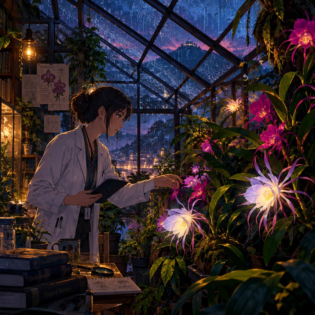Rain beads on a rooftop greenhouse as an adult botanist studies luminous night-blooming orchids beneath glass panes; cel-shaded anime illustration in digital paint, palette of jade, magenta, indigo, and warm amber. — GPT Image 2.5 Flare