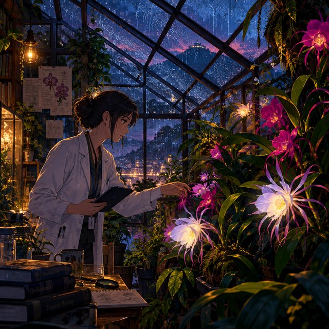 Rain beads on a rooftop greenhouse as an adult botanist studies luminous night-blooming orchids beneath glass panes; cel-shaded anime illustration in digital paint, palette of jade, magenta, indigo, and warm amber. — GPT Image 2.5 Flare