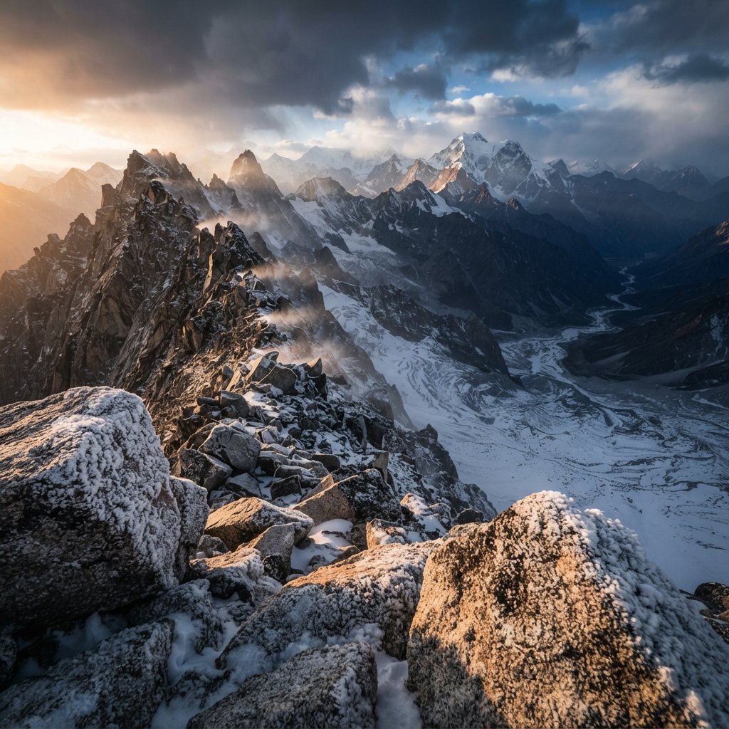 Wind combs a high granite ridge above a glacial cirque at sunrise, beneath clearing snow squalls; granular rime crusts foreground boulders while successive peaks dissolve into blue cloud shadow. — Nano Banana 2 Lite
