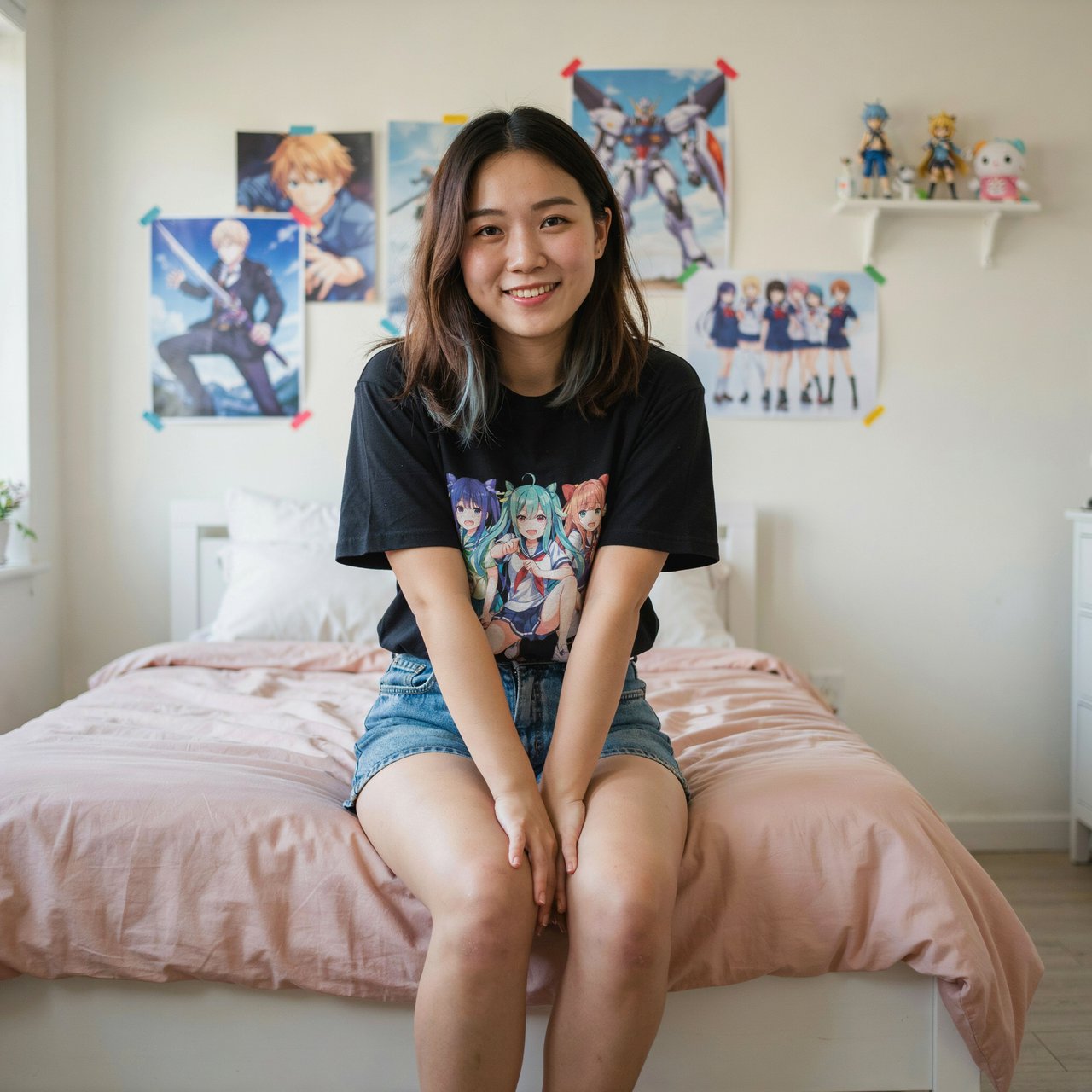 A young beautiful woman of Chinese descent, she is twenty years old, sitting in a bedroom, sitting on the edge of her bed. She is wearing a black anime-themed shirt and denim shorts. She has dark brown hair with light blue highlights, brown eyes, pale skin. Her bedroom has anime- and video game-inspired posters and trinkets. Looking at the viewer, smiling. — Ideogram v4.5