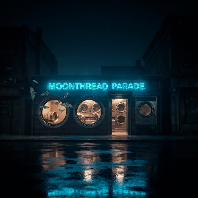 At midnight, moths circle the laundromat’s glowing round windows while chrome washing machines gleam inside; “MOONTHREAD PARADE” shines in icy blue neon above the entrance, reflected across the wet pavement, with no other lettering visible. — Ideogram v4.5