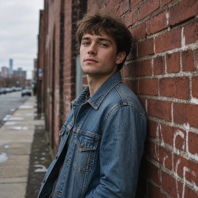 Environmental portrait of a young man in a denim jacket leaning on a red brick wall, overcast light, looking just past the camera. — GPT Image 2
