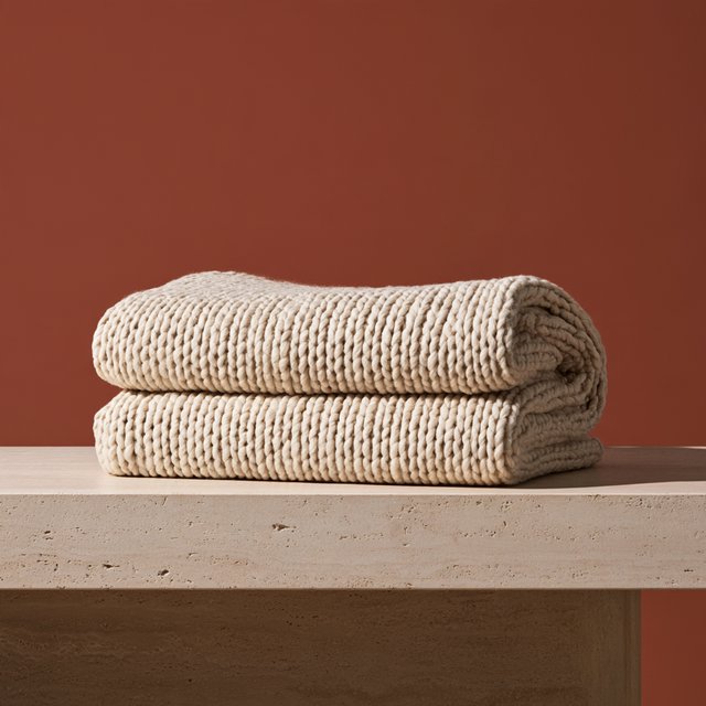 Soft folds of an unbranded chunky-knit wool throw rest on a pale travertine bench; its looped surface catches broad diffused key light and gentle side fill against a muted terracotta studio background, forming a clean commercial product image with no lettering. — Model 13