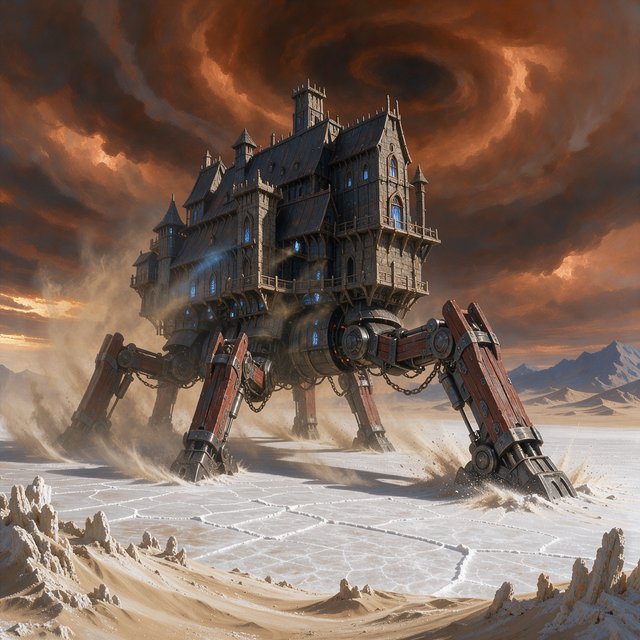 A colossal walking citadel crosses a salt desert, its ironwood legs striding through windblown dunes beneath a copper storm. Blue furnace light leaks from carved windows, casting a long shadow toward distant mountains. — FLUX 3 Image