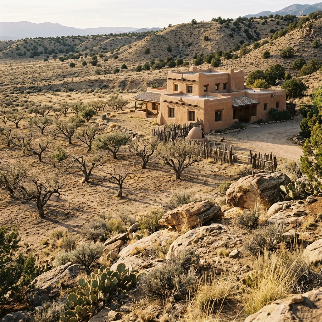 Beyond dry orchard rows, a Pueblo Revival adobe house settles into the desert foothills, with timber lintels and a muted clay roof; warm late-afternoon light, viewed from a rocky rise, reveals clean geometry and credible construction. — Nano Banana 2.1