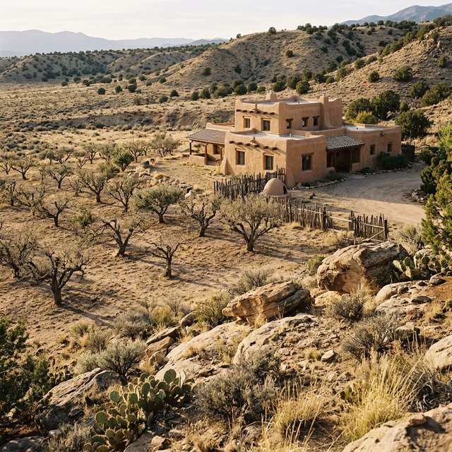 Beyond dry orchard rows, a Pueblo Revival adobe house settles into the desert foothills, with timber lintels and a muted clay roof; warm late-afternoon light, viewed from a rocky rise, reveals clean geometry and credible construction. — Nano Banana 2.1