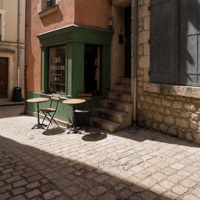 A tiny corner café in a narrow European street, green tiled facade, two bistro tables, morning light, no people. — Krea 2 Medium