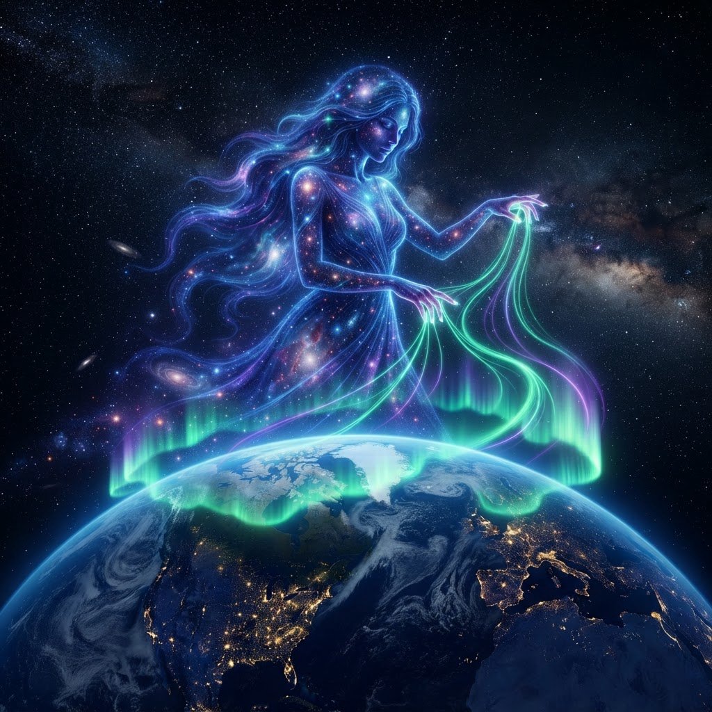 A cinematic wide-angle shot of an ethereal, gigantic adult female entity composed of stardust and nebulae. She hovers in the deep black of space, directly above the curvature of the Earth. Her fingers move like a harpist's, weaving luminous, emerald-green and violet aurora threads directly into the Earth's atmosphere. The polar lights appear like liquid silk, wrapping themselves around the planet. Realistic play of light, mystical atmosphere, bioluminescent colors, deep indigo and neon green. — Nano Banana 2 Lite