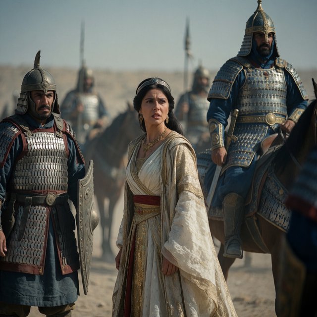 Film capture. Cinematic scene of the Byzantine empress being captured by Sassanid cataphracts. Harsh desert lighting. Shallow depth of field. The image takes place in the aftermath of a battle. All of the subjects are dusty and disheveled. — Krea 2 Medium