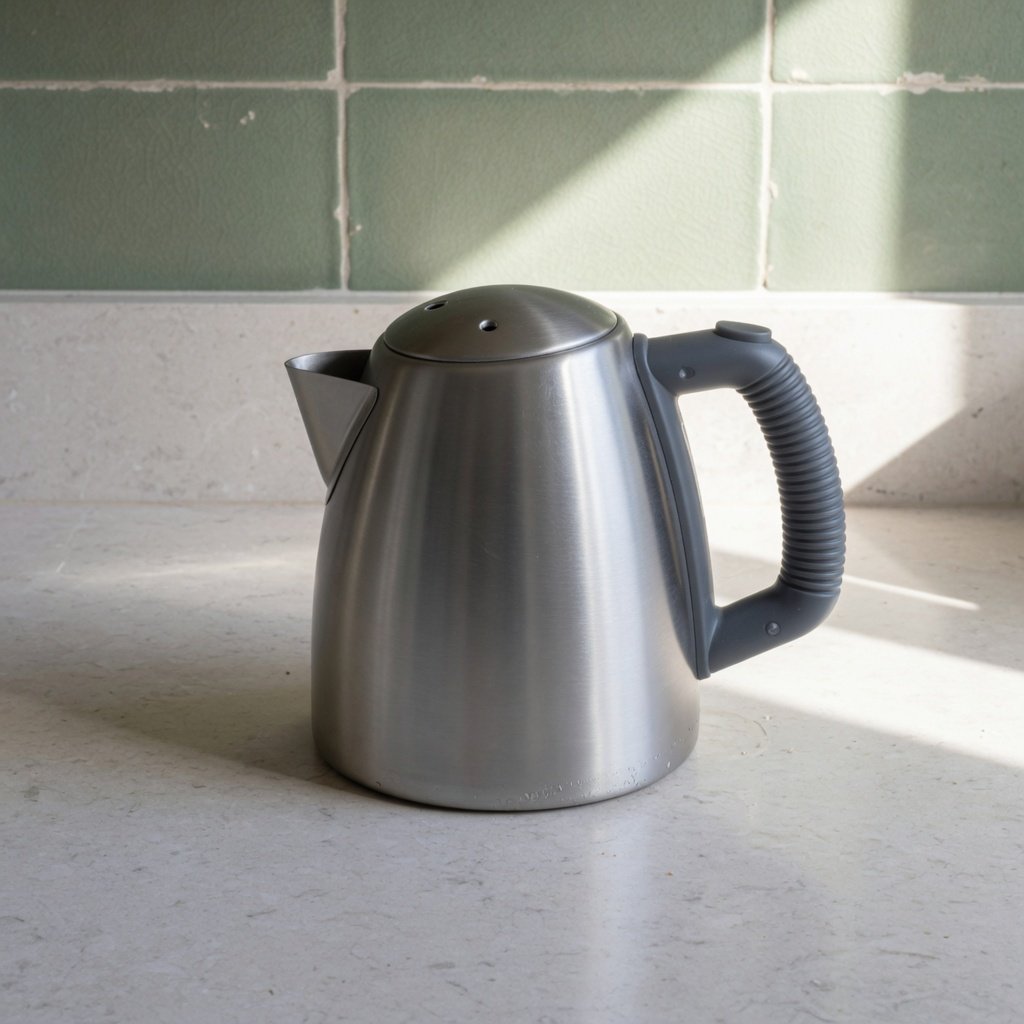 Morning daylight spills across a kitchen counter, revealing an unbranded electric kettle in satin stainless steel with a ribbed heat-resistant polymer handle. It sits on honed limestone against a muted sage backsplash, with window light and white bounce fill; commercial product image, no lettering. — Grok Imagine Image Quality