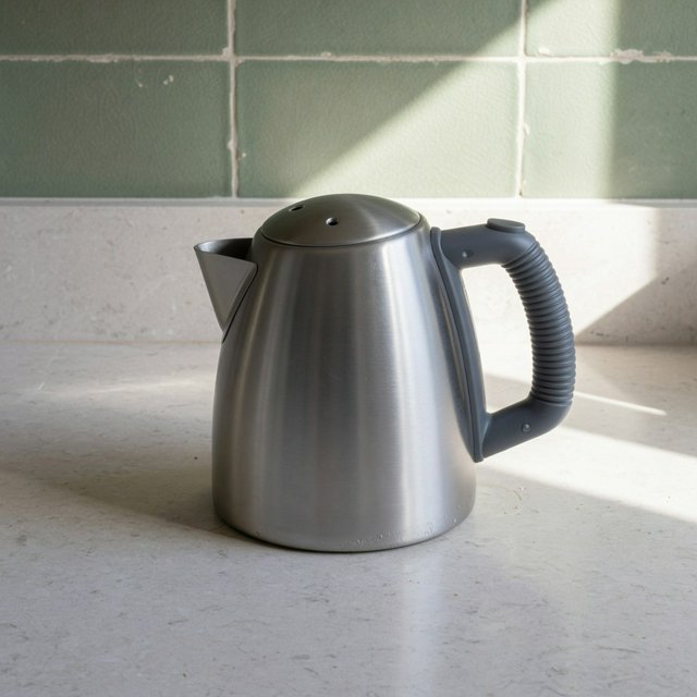 Morning daylight spills across a kitchen counter, revealing an unbranded electric kettle in satin stainless steel with a ribbed heat-resistant polymer handle. It sits on honed limestone against a muted sage backsplash, with window light and white bounce fill; commercial product image, no lettering. — Grok Imagine Image Quality