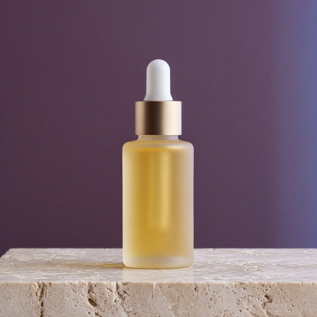 Under a broad diffused key and cool edge light, an unbranded frosted-glass serum bottle displays clear golden oil against a muted plum background, resting on honed pale travertine with its blank surface free of lettering. — Grok Imagine Image 2