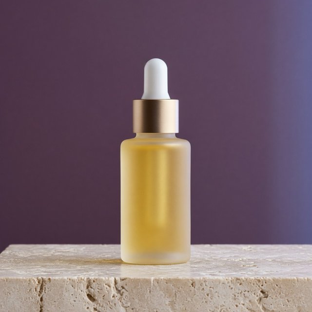 Under a broad diffused key and cool edge light, an unbranded frosted-glass serum bottle displays clear golden oil against a muted plum background, resting on honed pale travertine with its blank surface free of lettering. — Grok Imagine Image 2