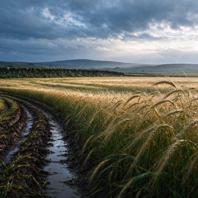 Golden barley fields ripple beneath a vast sky as a cool morning breeze follows overnight showers; muddy tractor furrows glisten in the foreground, guiding the eye past a weathered stone boundary toward low hills under broken clouds. — Model 19
