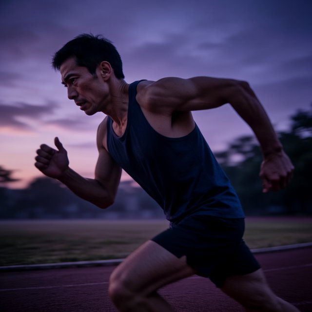 Adult male athlete in running shorts and a tank top mid-sprint on an outdoor track at dawn, muscles defined, motion captured sharply. — Krea 2 Medium