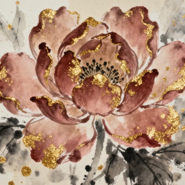 Gently sweeping forms emerge from long, subtle color transitions and soft contours. Bold ink strokes create resilient, confident edges that taper and densify in response to pressure. Raised, polished gold captures directional light in warm, metallic flashes. Luminous, rim-lit gradients blend wet-on-wet into floating patches of color, while a restrained palette of warm ochre, ivory, and deep crimson creates radiant, painterly highlights against a soft, atmospheric background. A flower in the summer wind. — Kling v3 Omni