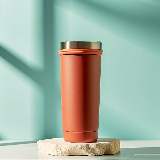Commercial product photograph of an unbranded insulated travel mug made from matte terracotta powder-coated steel with a cork grip, standing on a pale limestone slab against a soft teal background, lit by broad diffused window light and a gentle edge light. — Midjourney Niji 7
