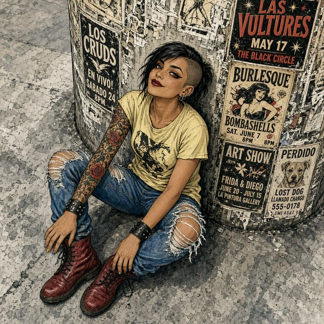 Realistic India ink illustration with crisp black lines, realistic anatomy and proportions, and watercolor fills; black ink outlines remain visible. Full-length, overhead view. A Latina woman sits on the pavement with her back against an enormous, thick round downtown pillar covered in posters for bands, art shows, burlesque, and a lost dog. One hand rests on the pavement, the other on an ankle. She tilts her head back, looking up at the viewer with a confident smile. Character: 25-year-old woman, medium-brown skin, slim build, edgy punk/goth appearance. Black asymmetrical undercut, right side shaved, longer top brushed across forehead, short messy ponytail. Sharp features, arched brows, brown almond-shaped eyes, heavy eyeliner, dark burgundy lipstick, six ear piercings. Each fingernail a different color. Loose pale-yellow graphic T-shirt, ripped blue jeans, dark red combat boots. Full left-arm sleeve tattoo of vines, leaves, and red roses. Thick black leather bracelets on both wrists. — Grok Imagine Image 2